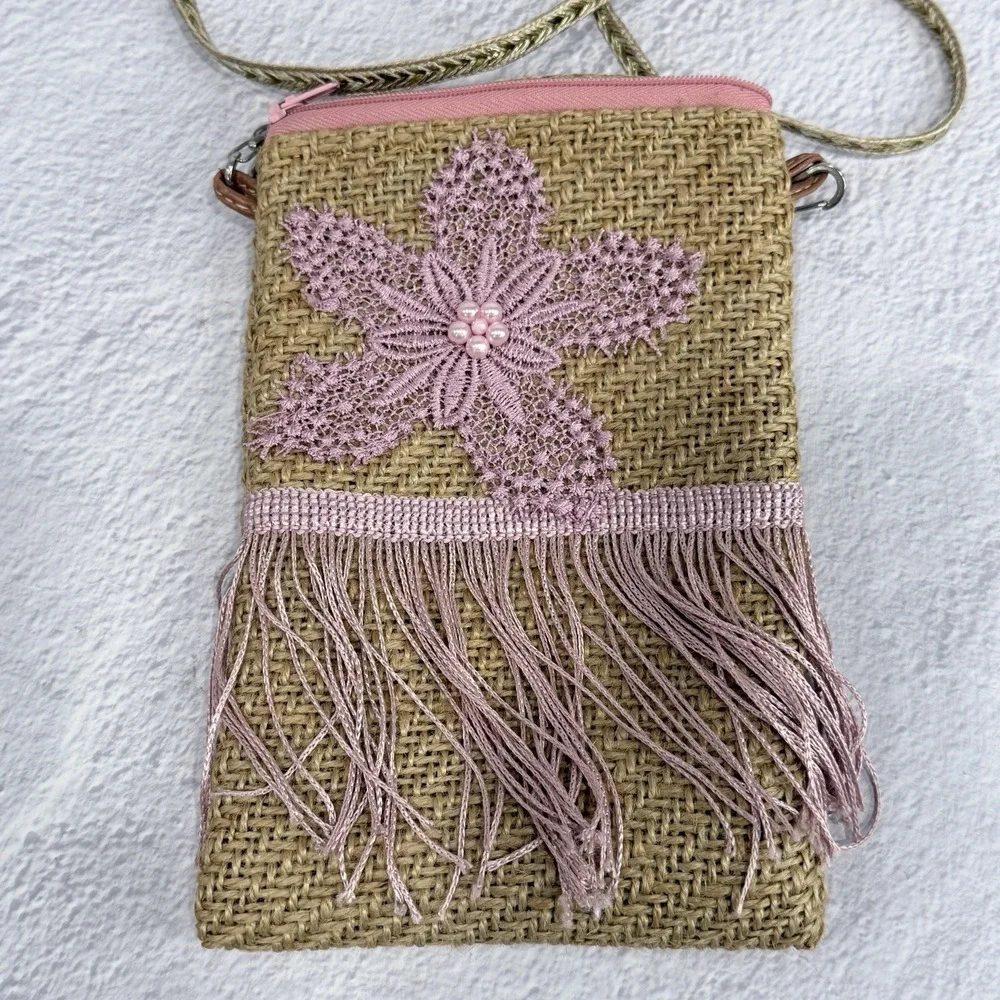Boho Jute Straw Crossbody Bag‎ Small Pink Crochet Flower Fringe Purse